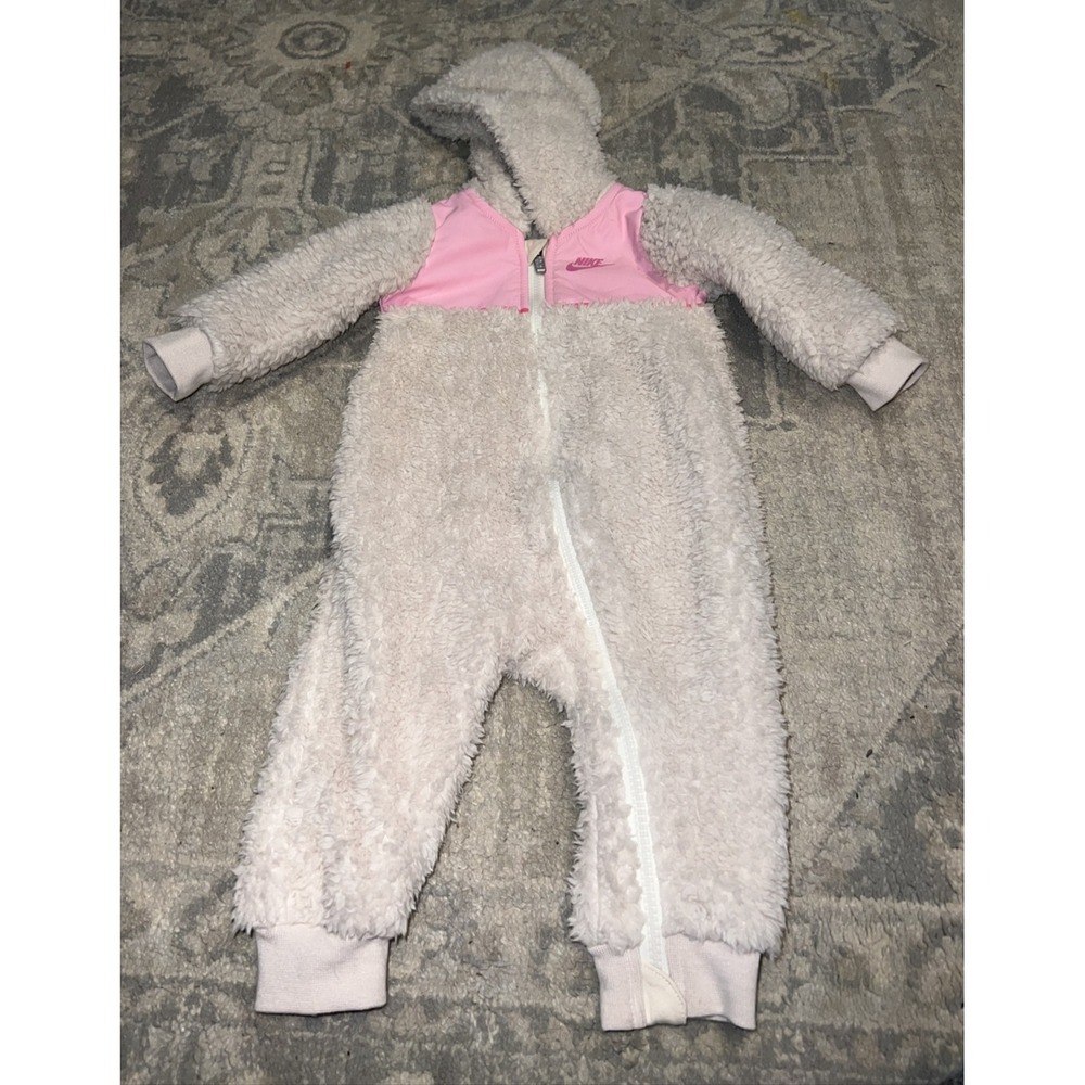 Nike Fuzzy Snowsuit One Piece Bunting Coat Beige Pink‎ Baby Girl Size 9 Month 9M